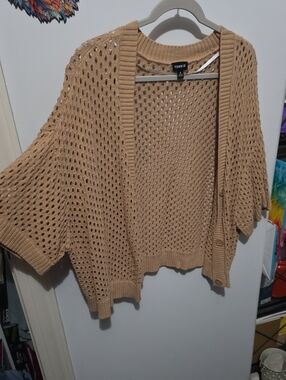 torrid Open-Weave Short Sleeve Cardigan in Camel/Tan